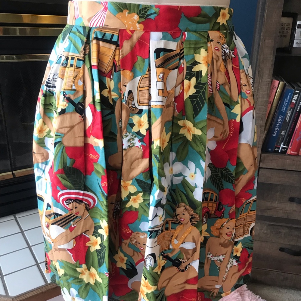 Grace Karin Tiki Print Retro Full Skirt Pockets XL